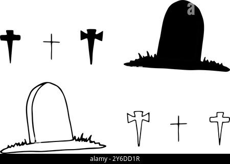 Silhouette in pietra tombale con croci per Halloween in stile grafico. Illustrazione con linee disegnate a mano. Clipart di oggetto monocromatico in stile doodle Illustrazione Vettoriale