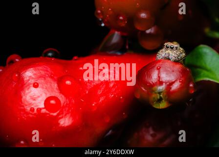Il ragno che salta è seduto su alcuni frutti di bosco di fiori di melograno ricoperti di goccioline d'acqua. Foto Stock