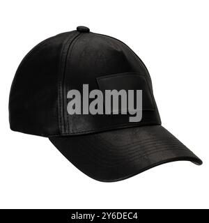 Cappellino in pelle nera con vista laterale angolata e patch Foto Stock