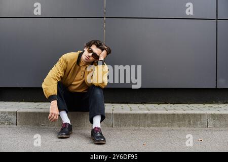 Un giovane uomo elegante gode di un momento di riflessione mentre indossa un outfit autunnale alla moda. Foto Stock