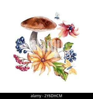 Acquerello composizione autunnale con funghi, bacche, fiori e farfalla isolati su bianco. Illustrazione floreale di foglie autunnali e mano di porcini Foto Stock