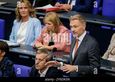 Berlino, Germania. 25 settembre 2024. Christian Lindner (FDP), ministro federale delle finanze, fotografato durante la sua dichiarazione di apertura al Bundestag tedesco di Berlino, il 25 settembre 2024. Credito: dpa/Alamy Live News Foto Stock