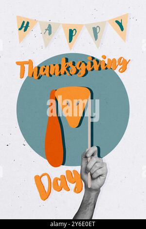 Collage fotografico verticale di un giocattolo decorativo per zucca per il giorno del ringraziamento Happy garland, isolato su sfondo dipinto Foto Stock