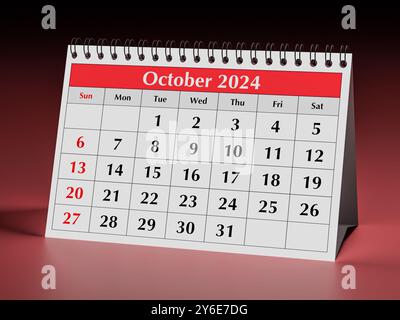 Calendario di ottobre 2024. Una pagina del calendario mensile annuale del business desk in autunno Foto Stock