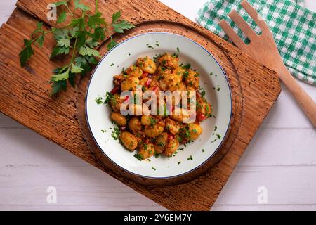 Deliziosi gnocchi italiani con pesto rosso. Tavolo con vista dall'alto e decorazioni. Foto Stock