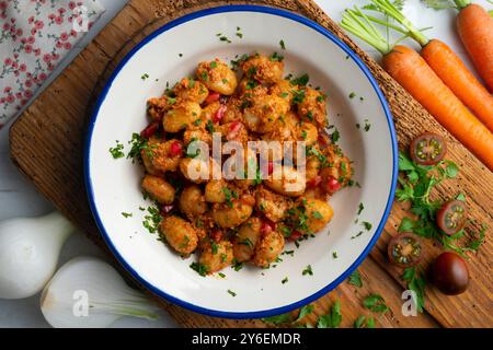 Deliziosi gnocchi italiani con pesto rosso. Tavolo con vista dall'alto e decorazioni. Foto Stock