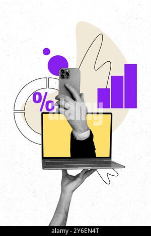 Immagine collage di un uomo d'affari uomo d'affari, dispositivo di tenuta del braccio isolato su sfondo di disegno Foto Stock