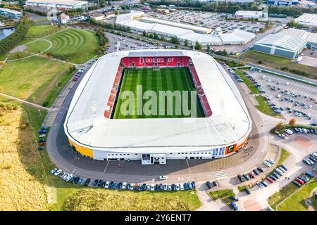 Vista aerea generale dell'Eco-Power Stadium, Doncaster, Inghilterra, Regno Unito il 24 settembre 2024 Foto Stock