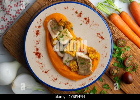 Delizioso pesce sogliola con crema di carote e mais. Tavolo con vista dall'alto e decorazioni. Foto Stock