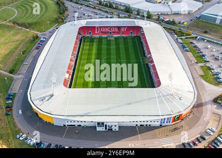 Vista aerea generale dell'Eco-Power Stadium, Doncaster, Inghilterra, Regno Unito il 24 settembre 2024 Foto Stock