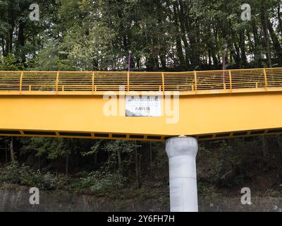 Sinaia, Romania - 25 settembre 2024 - Ponte pedonale giallo vibrante che collega i quartieri. Foto Stock