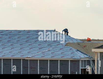 Georgetown, Texas - 17 settembre 2024: Casa unifamiliare con telai in legno dimensionali ricoperti di sottostrato per tetti sintetici CoverPro Foto Stock