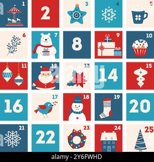 Calendario dell'avvento natalizio con Babbo Natale, fiocchi di neve, pupazzo di neve, regali, stelle, palle decorative. Calendario del conto alla rovescia. Illustrazione Vettoriale