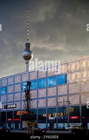 Berlino, Germania, 24 luglio 2009, le caratteristiche torri Fernsehturm su via Alexander, che mostrano la vibrante architettura e l'atmosfera urbana di Berlino Foto Stock