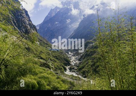 Un villaggio in Nepal, pensione in Nepal, Annapurna base Camp Trekking, campagna in Nepal, montagna in Nepal Foto Stock