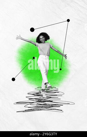 Trend ArtWork immagine di schizzo composita collage fotografico 3D di giovane donna monocromatica bianco e nero Good Mood Walk spread hand line dot point Foto Stock