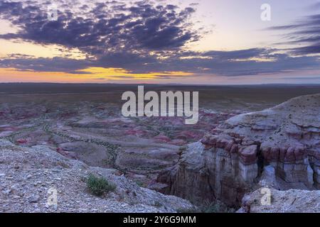 Canyon a strisce colorate Tsagaan suvarga (stupa bianco) all'alba. Ulziit soum, provincia di Dundgovi, Mongolia, Asia Foto Stock