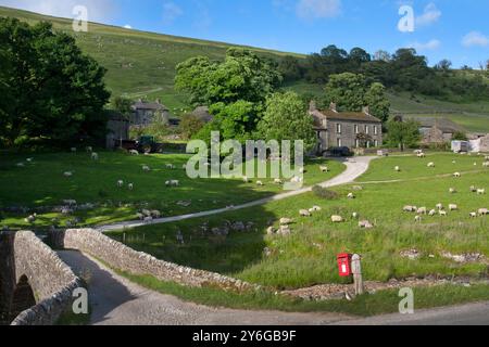 Ponte in pietra sul fiume Wharfe con cassa per distacco e pascolo di pecore, Yockenthwaite, Langstrothdale, Upper Wharfedale, Yorkshire Dales, Inghilterra Foto Stock