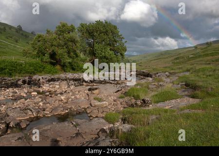arcobaleno sul fiume Wharfe a Deepdale, Yorkshire Dales, Inghilterra Foto Stock