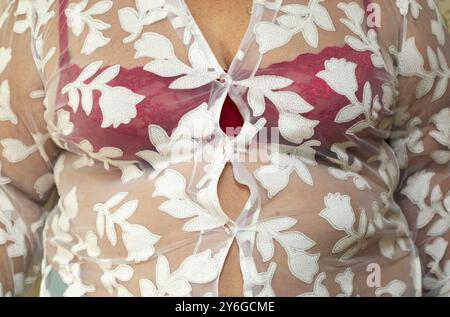 Bottoni di camicia sullo stomaco di donne in sovrappeso Foto Stock