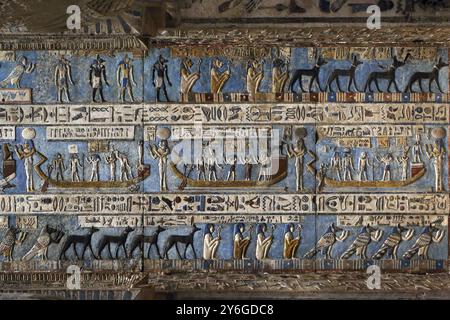 Geroglifica sculture e dipinti sulle pareti interne di un antico tempio egizio in Dendera Foto Stock