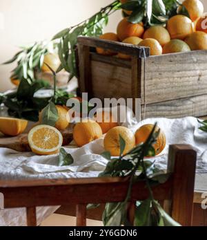 Cibo, tavolo con scatola di arancia fresca con ramoscello d'arancia e succo d'arancia fresco Foto Stock