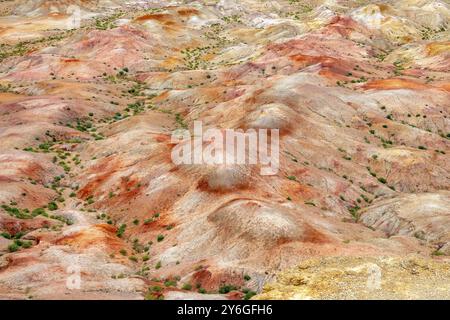 Vista dei canyon colorati a righe Tsagaan, sfondo suvarga, stupa bianco. Ulziit soum, provincia di Dundgovi, Mongolia, Asia Foto Stock