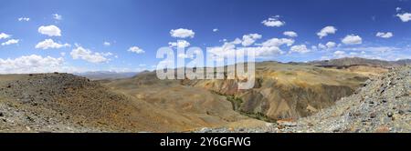 Paesaggio panoramico con deposito di argilla colorata nelle montagne dell'Altai o nella valle di Marte Foto Stock