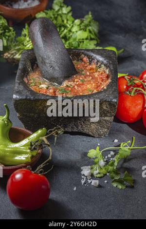 Cibo, salsa tradizionale di pomodoro messicano latino-americano, chancho cileno en piedra in mortaio di pietra Foto Stock