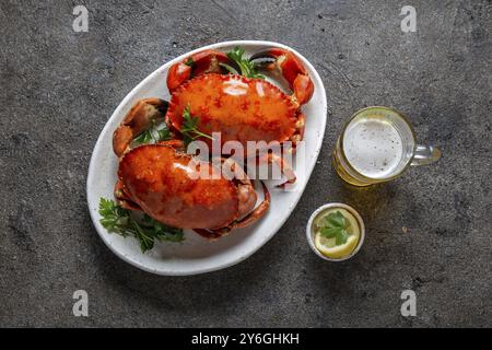 Cibo, granchi cotti su piatto bianco con limone e birra. Sfondo grigio in cemento. Vista dall'alto Foto Stock