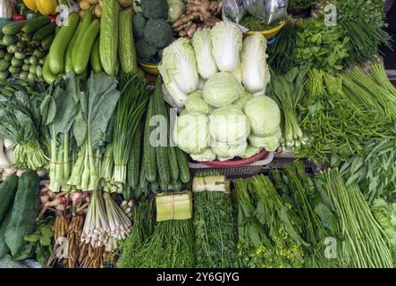 Verdure, spezie, radici e erbe sul contatore, il mercato locale in Thailandia Foto Stock