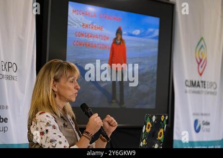 Uttoxeter Racecourse, staff, Regno Unito. 20 settembre 2024. Michaela Strachan presenta il discorso di apertura al Midlands Climate Expo. Marchio di credito Lear/Alamy Foto Stock