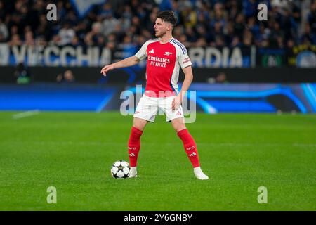 Declan Rice dell'Arsenal porta la palla durante la partita di calcio UEFA Champions League 2024/2025 - League Phase MD1 tra Atalanta BC e Arsena Foto Stock