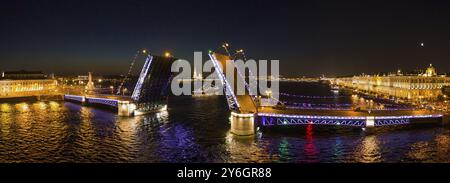 Panorama aereo del ponte del Palazzo disegnato, del Palazzo d'Inverno, della Fortezza di Pietro e Paolo e delle colonne rostrali a San Pietroburgo di notte, Russia, Europa Foto Stock