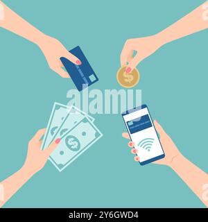 Metodi di pagamento. Mani femminili che tengono carte, banconote, monete e smartphone con pagamento contactless. Illustrazione vettoriale piatta Illustrazione Vettoriale