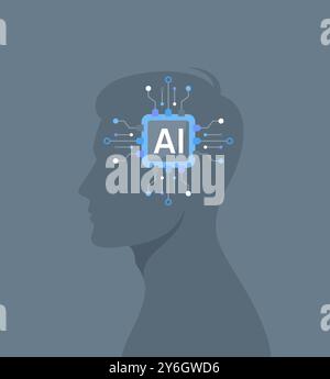 Vista laterale silhouette maschile con intelligenza artificiale sotto forma di circuito del processore nella sua testa. Illustrazione vettoriale piatta Illustrazione Vettoriale