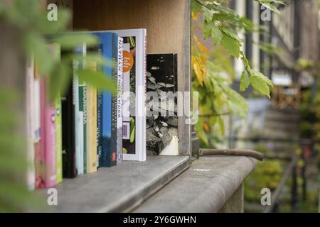 Amsterdam, Paesi Bassi, ottobre 2018: Primo piano di una piccola comunità urbana all'aperto libri della biblioteca cittadina impilati in una nicchia di una casa Foto Stock