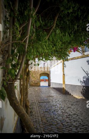 Faro, Portogallo, settembre 2022: Vista sulla porta Nova nel centro storico di Faro, Portogallo, Europa Foto Stock