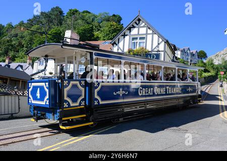 Llandudno, Galles, Regno Unito - 17 settembre 2024; il tram Great orme parte dalla stazione Victoria con passeggeri in salita Foto Stock