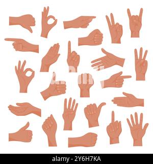 Vector Flat Simple Cartoon Hands in diversi gesti, emozioni e segni insieme, isolati. Mani colorate piatte, semplice illustrazione delle mani in stile cartone animato Illustrazione Vettoriale