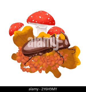 Scarabeo di rinoceronte marrone con agarica di mosca rossa, foglia di quercia e frutti di rowan composizione illustrativa. Acquerello digitale per stampa e Web. Foto Stock