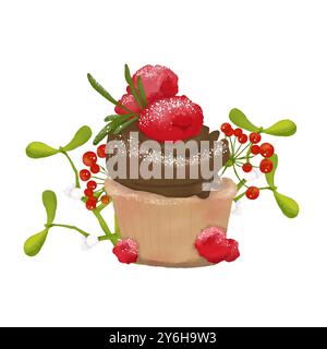 Cupcake con bacche rosse e bianche con crema al cioccolato e foglie di mietitura. Illustrazione digitale ad acquerello per le vacanze invernali. Foto Stock