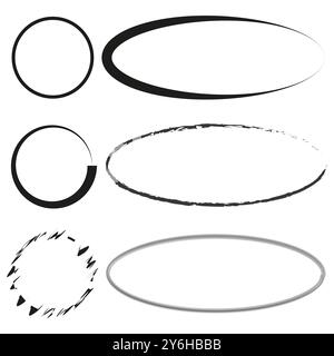 Set di cornici ovali. Grafica di contorno circolare. Forme ovali grunge. Elementi del riquadro vettoriale. Illustrazione Vettoriale