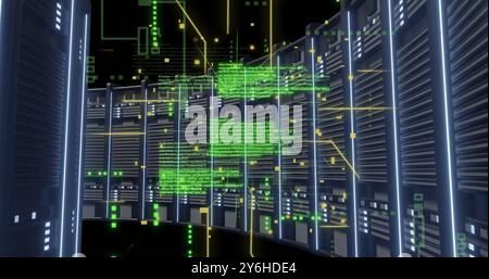 Immagine della scheda a circuito stampato e dell'elaborazione dei dati digitali su server informatici Foto Stock