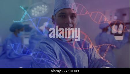 Immagine di filamenti di dna su un chirurgo maschile birazziale Foto Stock