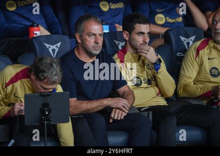 Barcellona, ESP. 25 settembre 2024. FC BARCELONA VS GETAFE CF. 25 settembre 2024 Hansi Flick allenatore del FC Barcelona la partita tra FC Barcelona e Getafe CF corrispondente al settimo giorno della Liga EA Sports allo Stadio Olimpico Lluis Companys di Montjuic a Barcellona, Spagna. Crediti: Rosdemora/Alamy Live News Foto Stock