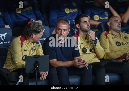 Barcellona, ESP. 25 settembre 2024. FC BARCELONA VS GETAFE CF. 25 settembre 2024 Hansi Flick allenatore del FC Barcelona la partita tra FC Barcelona e Getafe CF corrispondente al settimo giorno della Liga EA Sports allo Stadio Olimpico Lluis Companys di Montjuic a Barcellona, Spagna. Crediti: Rosdemora/Alamy Live News Foto Stock