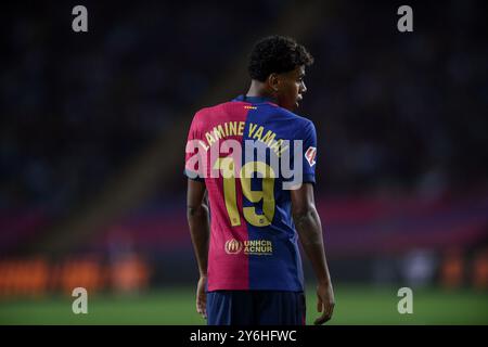 Barcellona, ESP. 25 settembre 2024. FC BARCELONA VS GETAFE CF. 25 settembre 2024 Lamine Yamal (19) del FC Barcelona durante la partita tra FC Barcelona e Getafe CF corrispondente al settimo giorno della Liga EA Sports allo Stadio Olimpico Lluis Companys di Montjuic a Barcellona, Spagna. Crediti: Rosdemora/Alamy Live News Foto Stock
