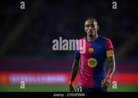 Barcellona, ESP. 25 settembre 2024. FC BARCELONA VS GETAFE CF. 25 settembre 2024 Raphina (11) del FC Barcelona durante la partita tra FC Barcelona e Getafe CF corrispondente alla settima giornata di la Liga EA Sports allo Stadio Olimpico Lluis Companys di Montjuic a Barcellona, Spagna. Crediti: Rosdemora/Alamy Live News Foto Stock