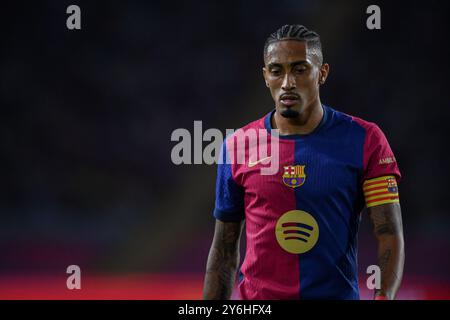 Barcellona, ESP. 25 settembre 2024. FC BARCELONA VS GETAFE CF. 25 settembre 2024 Raphina (11) del FC Barcelona durante la partita tra FC Barcelona e Getafe CF corrispondente alla settima giornata di la Liga EA Sports allo Stadio Olimpico Lluis Companys di Montjuic a Barcellona, Spagna. Crediti: Rosdemora/Alamy Live News Foto Stock
